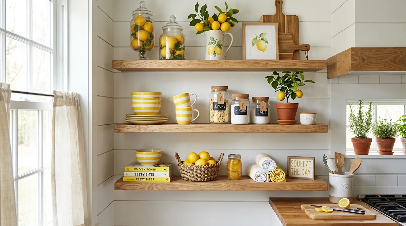 Open shelves styled with lemon decor and yellow accents